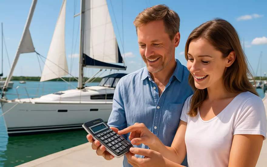 Paar berechnet Finanzierung der Yacht online
