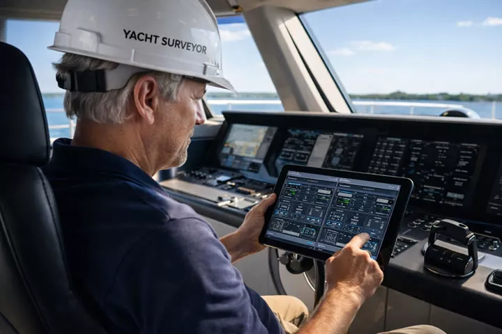 Yacht Surveyor beim PDI zur Endabnahme in der Werft