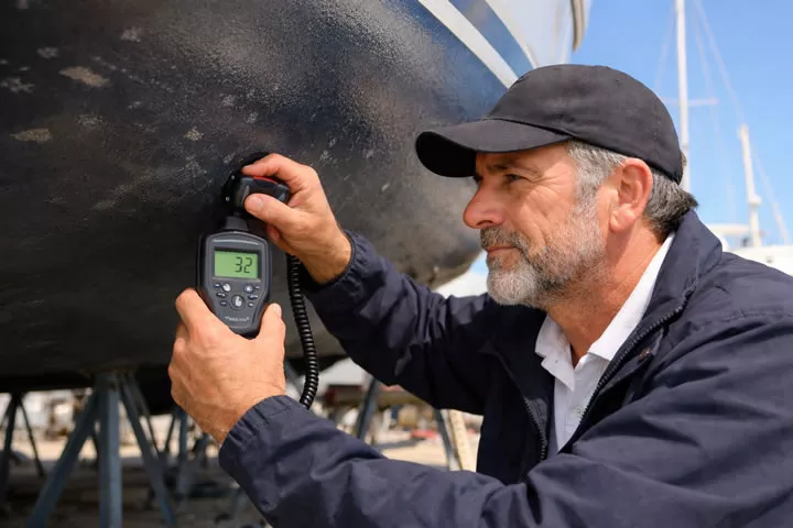 Yachtgutachter untersucht Schiffsrumpf